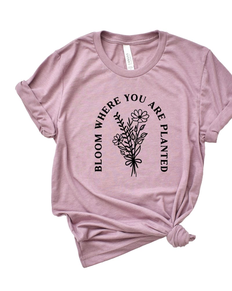 Front of a size XL Bloom Where You Are Planted Flowers Short Sleeve Graphic Tee in Orchid by Simply Sage Market. | dia_product_style_image_id:297132